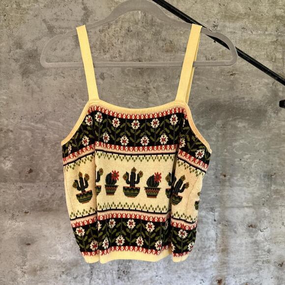 Pilcro Size M yellow / black knit tank top with cactus print - Picture 1 of 4